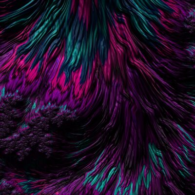 Abstract strokes of purple, fuchsia, and teal create an abstract design against a black background